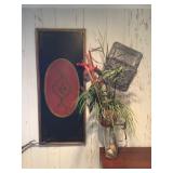 Pair of wooden plaques, metal magazine rack