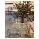2 tier metal n glass patio coffee table 32”x32”x22” H