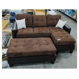 Lot 5224 Brown Upholstered L-Shaped Couch and Ottoman