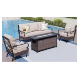 Phi Villa 4pc Metal Frame Dark Brown Rattan Patio Set w/ Fire Pit Table