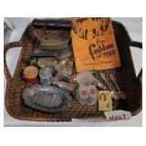 Woven Basket, Miniature Pepsi Bottles, Vintage Metal Irons, S&P Shaker, Books