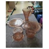 Queen Mary Pink Depression Glass Pitcher, Cream and Sugar Bowl, and 2 Serving Trays