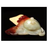 Lot 319 Chinese Jade Feline on Leaf Carving, Qing Dynasty 1644-1912