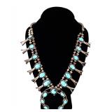Lot 235 Gorgeous Sterling Silver & Turquoise Turtle Squash Blossom Necklace