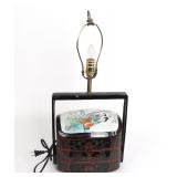 Lot 392 Vintage Chinese Lacquered and Porcelain Lamp