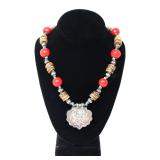 Lot 167 Antique Tibetan Silver, Coral, Turquoise & Bone Necklace