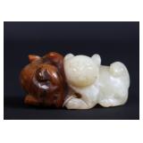 Lot 297 Masterful Chinese White & Brown Jade Carving of Felines, Qing Dynasty