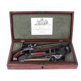 Lot 1 Fine English Cased Set of Brass Barrel Flintlock Pistols by Probin