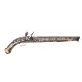 Lot 109 Massive Silver Inlaid Cavalry Flintlock Pistol, Circa 1780-1825