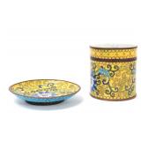 Lot 291 Lovely Set of Yellow Ground Chinese Cloisonne Lidded Vessel and Tray