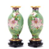 Lot 296 Gorgeous Light Green Cloisonne Matched Pair of Vases Stands