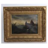 Lot 179 Vintage Landscape Painting, Castle and Birds