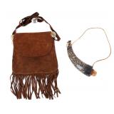 Lot 98 Brown Suede Leather Fringe Bag & Black Powder Horn