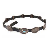 Lot 138 Lovely Native American Leather, Turquoise & Sterling Silver Belt