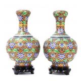 Lot 358 Gorgeous Pair of Chinese Champleve Vases wStands