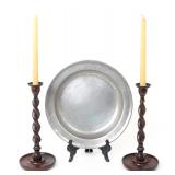 Lot 228 Deep Thomas Danforth II Pewter Plate & Turned Candlesticks