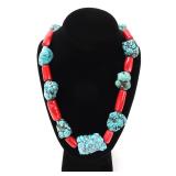 Lot 88 Gorgeous Raw Turquoise & Bright Red Coral Necklace