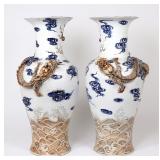Lot 2 Tall Pair of Chinese Five Claw Dragon Vases