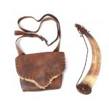 Lot 47 Antique Leather Hunting Bag and Powder Horn Set
