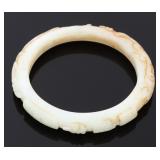 Lot 163 Chinese White Jade Bangle, Dragon Chasing Flaming Pearl