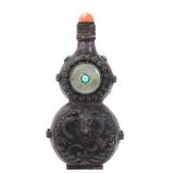 Lot 335 Chinese Metal Snuff Bottle with Coral, Turquoise & Jade