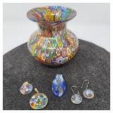 84 MuranoItalyGlassVasePendant&Earrings