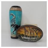 127 KenyanHandStchedSoapstoneVase&SoapDish