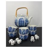 78 OMCBlueWhiteJapanTeaSet&ChopstickRestFigures