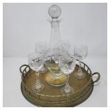 Crystal Cordial Glasses & Decanter Brass Serving Tray
