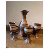 Signed Pottery Carafe and 4 Cups