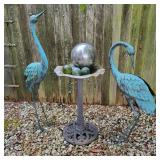 Metal Cranes, Birdbath and Garden Orbs