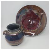 Glazed Earth Tone Pottery Vase & Bowl