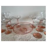 Twisted Pink Glass Bowl & Pink Stemmed Goblets