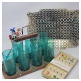 Mid Century Geometric Lattice Brass Tray & Green Crackle Glass Set