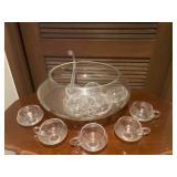 Reikes Mid Century Modern Handblown Glass Punchbowl & Cups