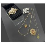 Pinecone Brooch, Coral Ring and Jade Pendants