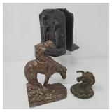 Antique Cast Iron Preyer Bookends, End of Trail Statue & Unicorn Hook
