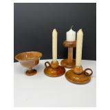 Myrtlewood Candle Holders & Pedestal Bowl
