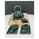 Cast Iron Asian Tea Pot & Pottery Cups Set
