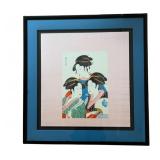 Japanese Three Beauties of the Day Framed Silk Scarf