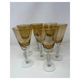 Vintage Hand Blown Amber & Clear Bubble Stem Drinking Glasses – 7pcs