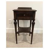 Antique Wood Telephone Side Table – Drawer, Carved Legs, Lower Shelf