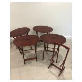 Four Oval Wood TV Trays With Compass Inlay & Stand