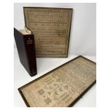 Two Framed Antique 1800s School Samplers & 1927 Educator’s Book