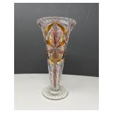 Cut Bohemian Amber Glass Vase – Star & Fan Pattern
