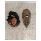 2 Artist Wall Masks – Leather Face & Signed 1988 Copper Bust