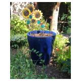 Large Blue Ceramic Planter with Metal Sunflower Garden Accents