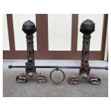 Antique Wrought Iron Castle FIreplace Andirons