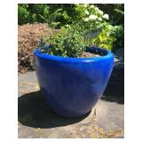 Large Blue Ceramic Planter with Metal Garden Art - Plant Included