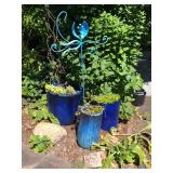 Trio of Ceramic Planters and Metal Garden Art - Plants Included